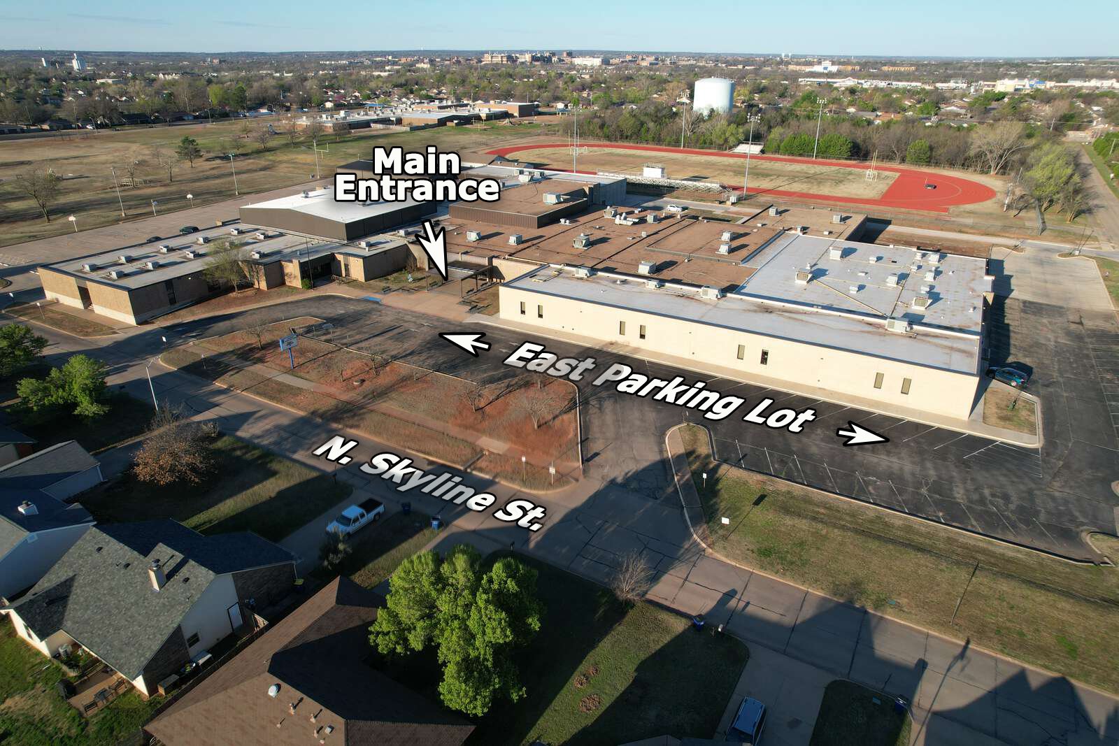 East Side of the Jr. High showing the main entrance and parking locations.